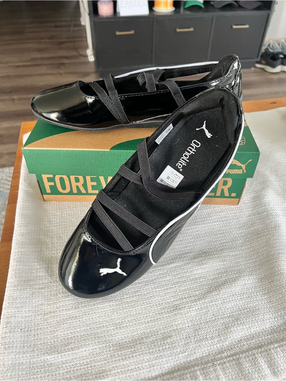 Puma Black Patent Ballet Flats with Cross Straps